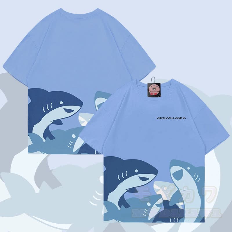 MODAKAWA Lustiges Hai-Grafik-Allover-Print-T-Shirt - Blau - 5XL - image 2