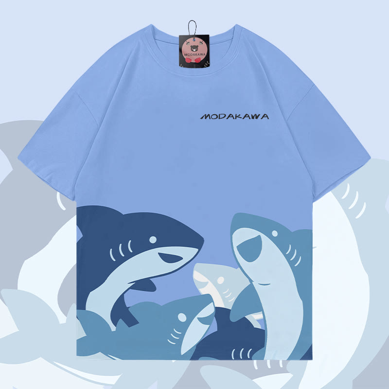 MODAKAWA Lustiges Hai-Grafik-Allover-Print-T-Shirt - image 1