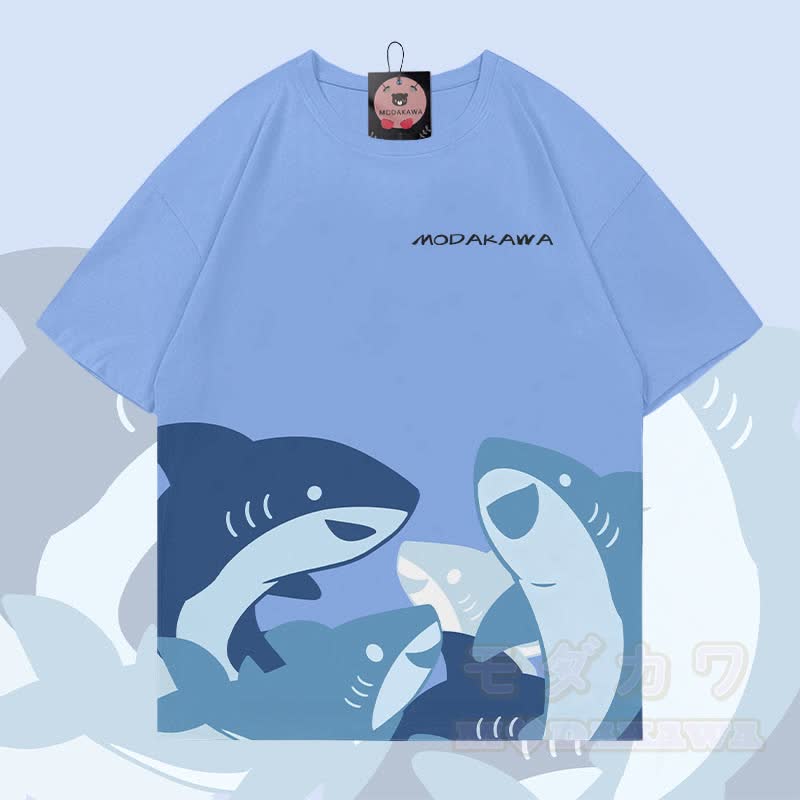 MODAKAWA Lustiges Hai-Grafik-Allover-Print-T-Shirt - image 1