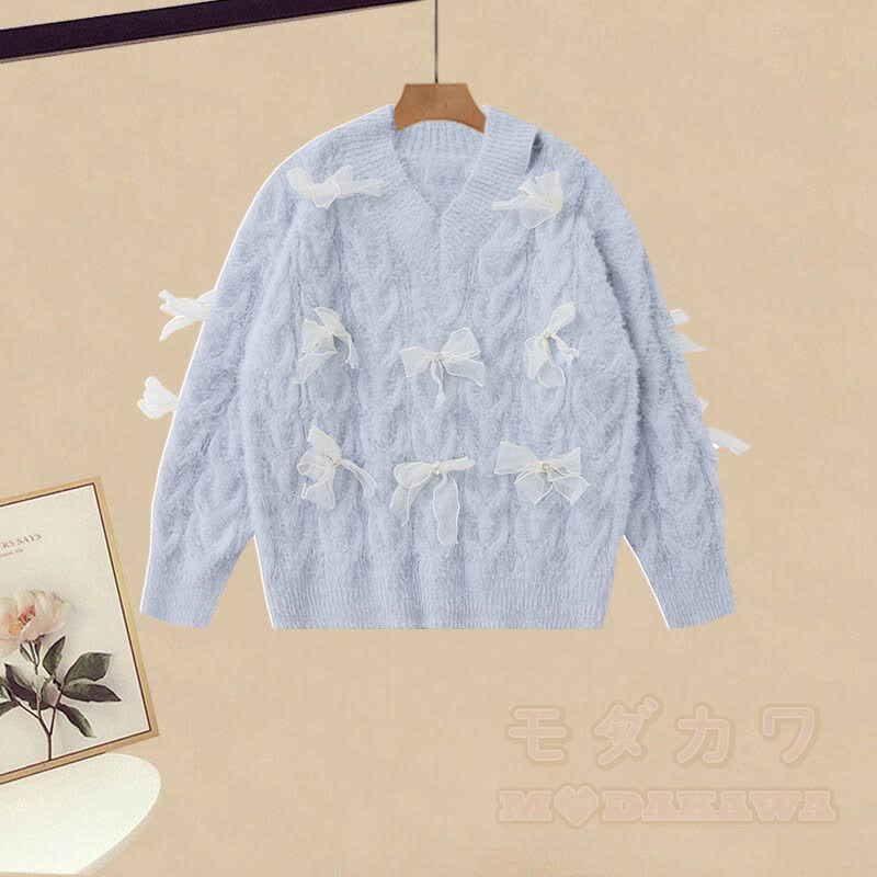 3D-Schleife, unregelmäßiger Strickpullover, weißes Kleid, passendes Outfit - Pullover (Einzeln) - XL - image 2