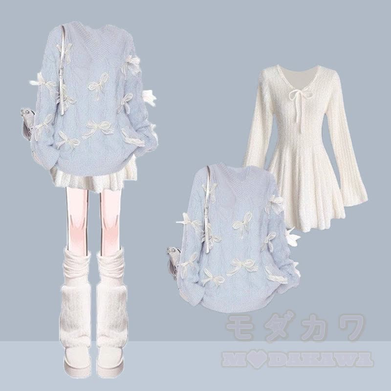 3D-Schleife, unregelmäßiger Strickpullover, weißes Kleid, passendes Outfit - Satz - XL - image 1