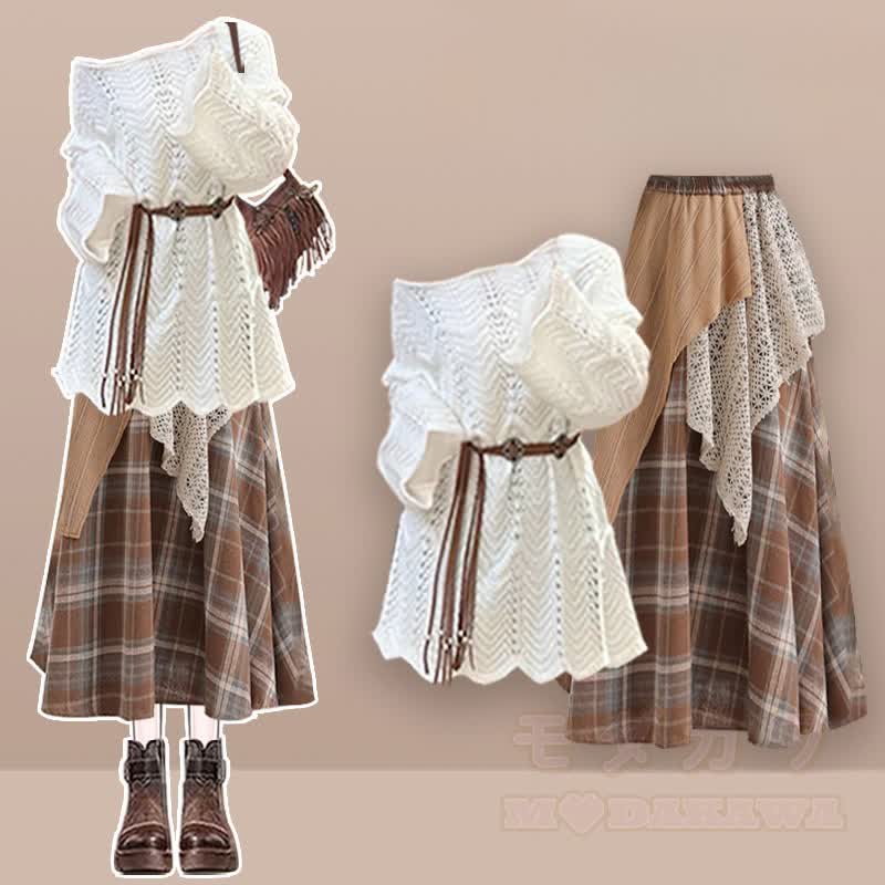 Strickpullover mit offener Spitze, karierter Rock, passendes Outfit - Satz - XL - image 1