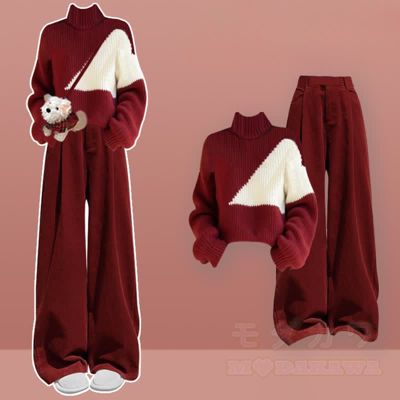 Strickpullover mit Rollkragen und weite Hose, passendes Outfit - Satz - XL - image 1