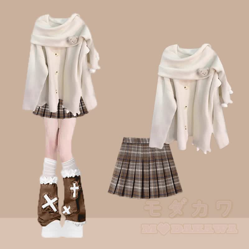 Bären-Cardigan, karierter Rock, passendes Outfit - Satz - XL - image 1