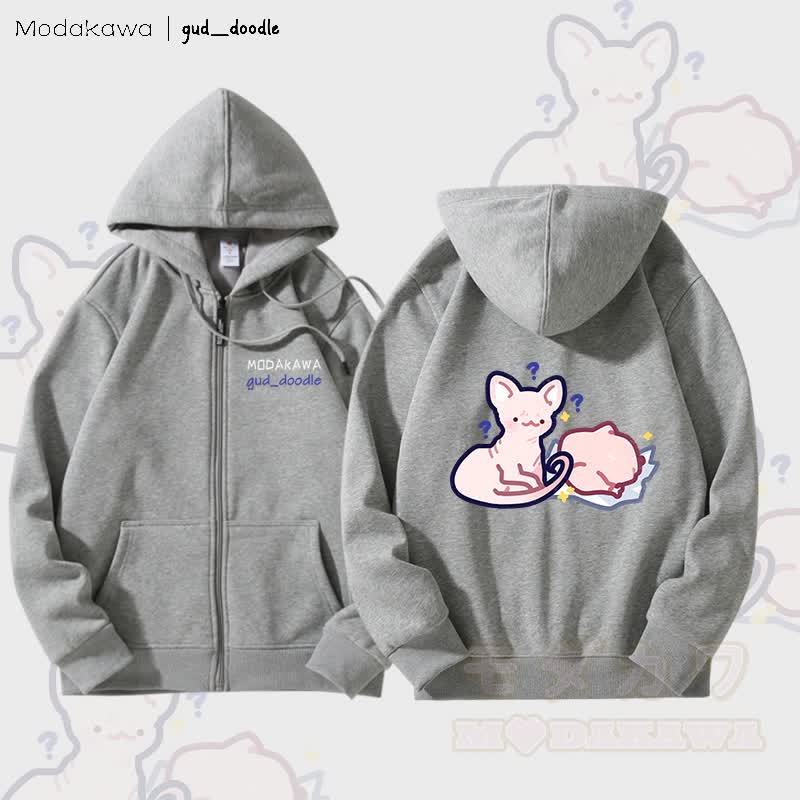 MODAKAWA x gud_doodle Kitty Chicken Grafik Fleecegefütterter Kapuzenpullover mit Reißverschluss - Grau - 5XL - image 1
