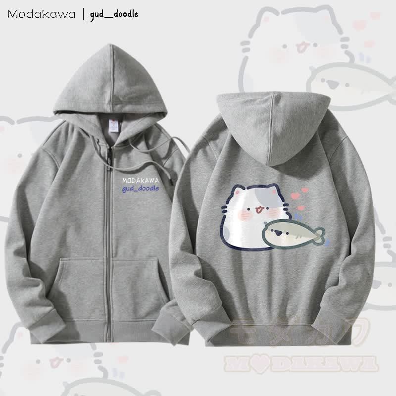 MODAKAWA x gud_doodle Kitty and Fish Graphic Fleece Lined Zip Up Hoodie Sweatshirt - Grau - 5XL - image 2
