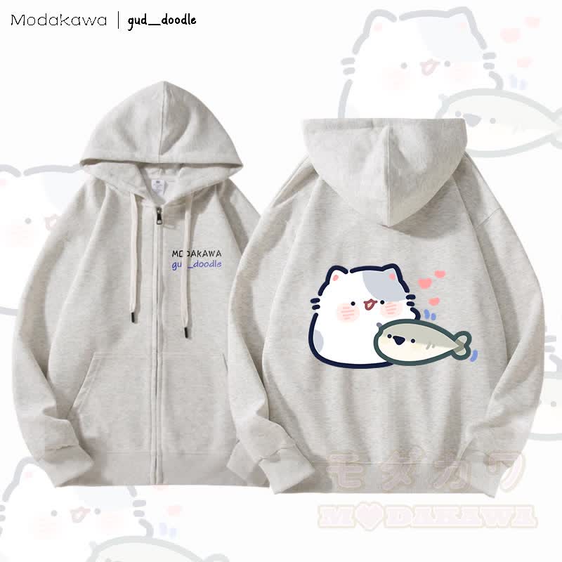 MODAKAWA x gud_doodle Kitty and Fish Graphic Fleece Lined Zip Up Hoodie Sweatshirt - Hellgrau - 5XL - image 1