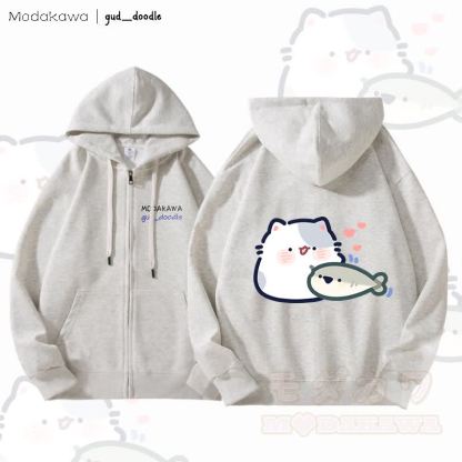 MODAKAWA x gud_doodle Kitty and Fish Graphic Fleece Lined Zip Up Hoodie Sweatshirt - Hellgrau - 5XL - image 1