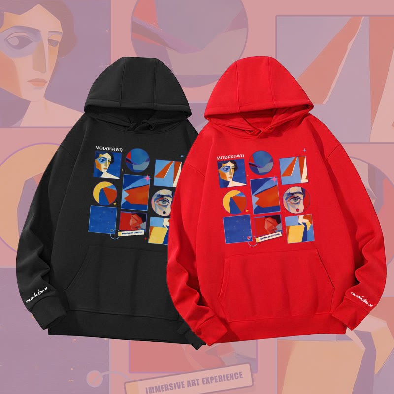 MODAKAWA Abstrakter Hoodie mit Porträtgitter-Grafik, schweres Material - image 1
