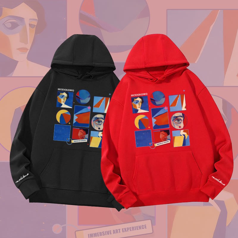 MODAKAWA Abstrakter Hoodie mit Porträtgitter-Grafik, schweres Material - image 1