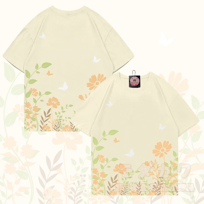 MODAKAWA T-Shirt mit Allover-Print von Blumen und Schmetterlingen - Aprikose - 5XL - image 1