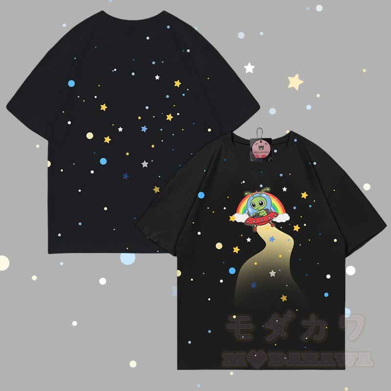 MODAKAWA Sternen-Alien-Grafik-Allover-Print-T-Shirt - Schwarz - 5XL - image 1