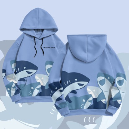 MODAKAWA Pullover-Hoodie mit lustigem Hai-Motiv und Allover-Print - Blue - 8XL - image 1