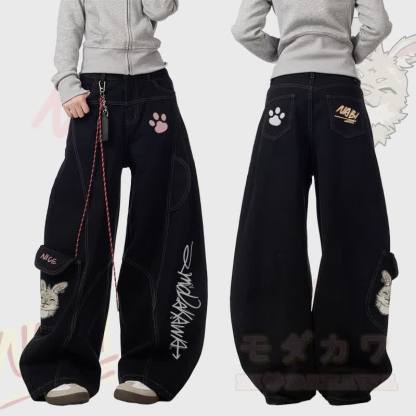 MODAKAWA Nabi Smoking Bunny Graphic Denim Cargo Pants - Schwarz - 3XL - image 2