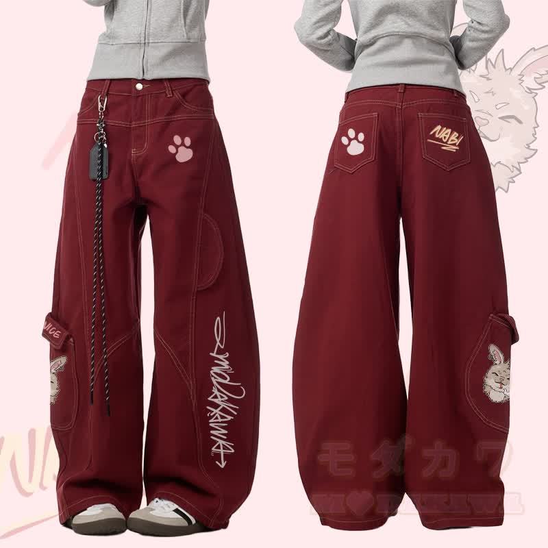 MODAKAWA Nabi Smoking Bunny Graphic Denim Cargo Pants - Weinrot - 3XL - image 1