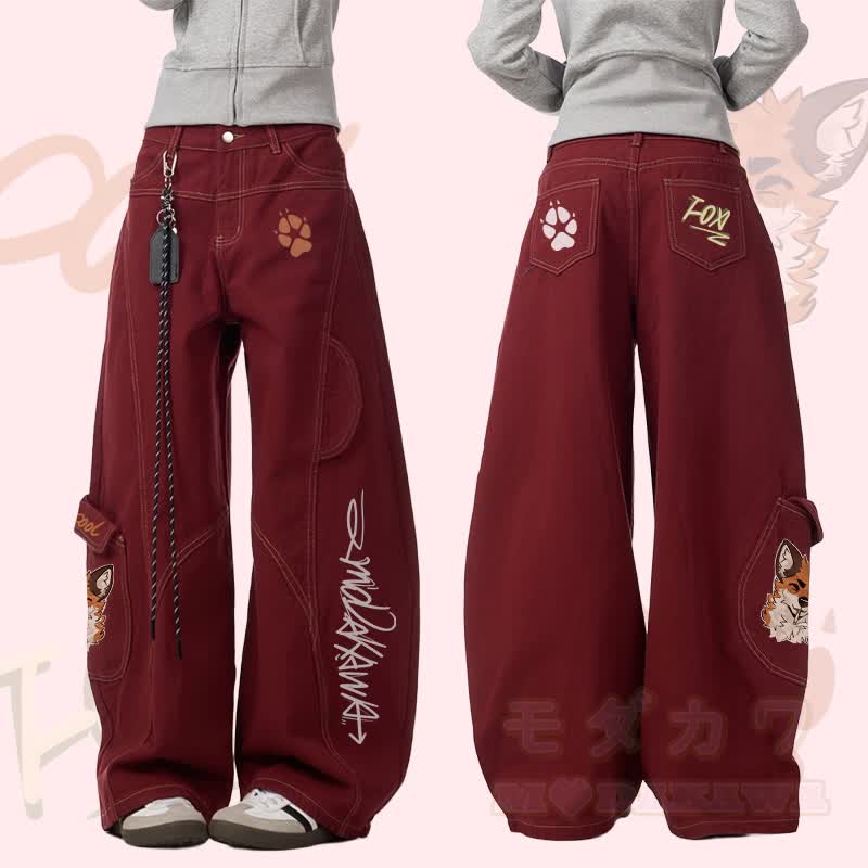 MODAKAWA X atka Fox Smoking Graphic Denim Cargo Pants - Weinrot - 3XL - image 2