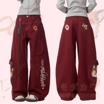 MODAKAWA X atka Fox Smoking Graphic Denim Cargo Pants - Weinrot - 3XL - image 2