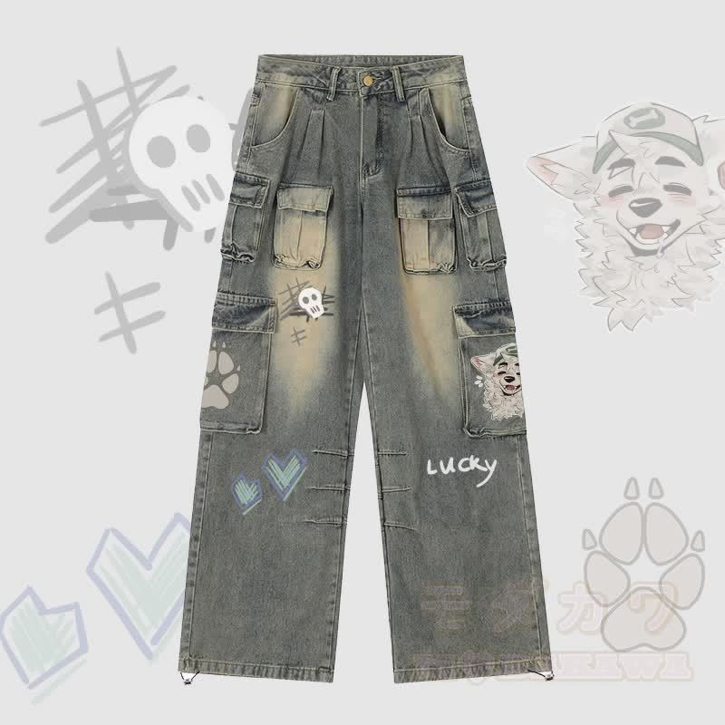MODAKAWA X atka Fox Wants Meat Grafik Verstellbarer Saum Denim Cargo Hose - Hellblau - 2XL - image 1