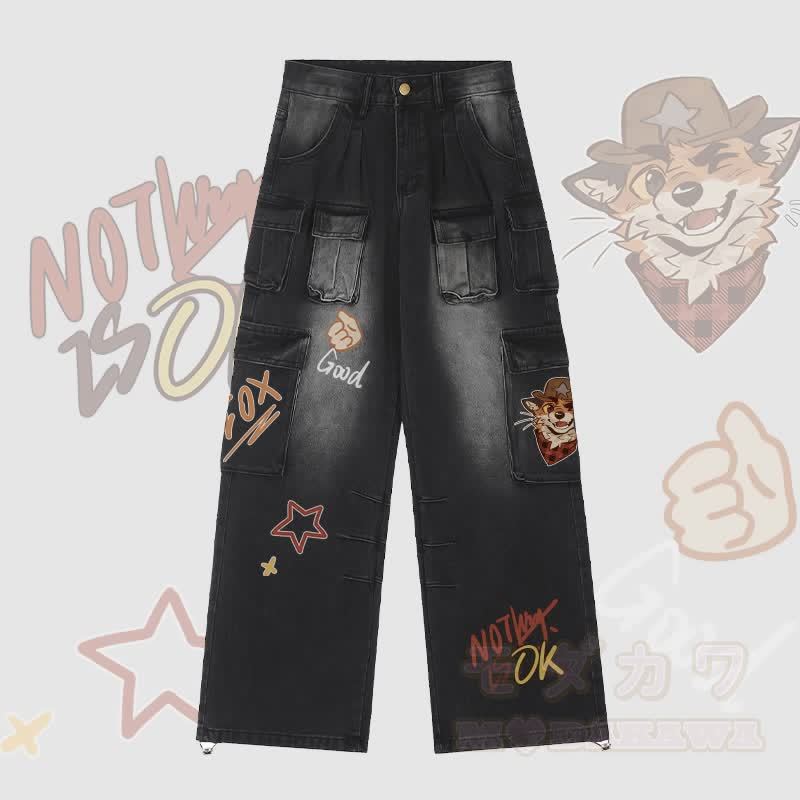 MODAKAWA X atka Cowboy Fox Winking Graphic Adjustable Hem Denim Cargo Pants - Schwarz - 2XL - image 1
