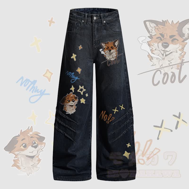 MODAKAWA X atka Fox Smoking Graphic Denim Pants - Dunkelblau - 2XL - image 2
