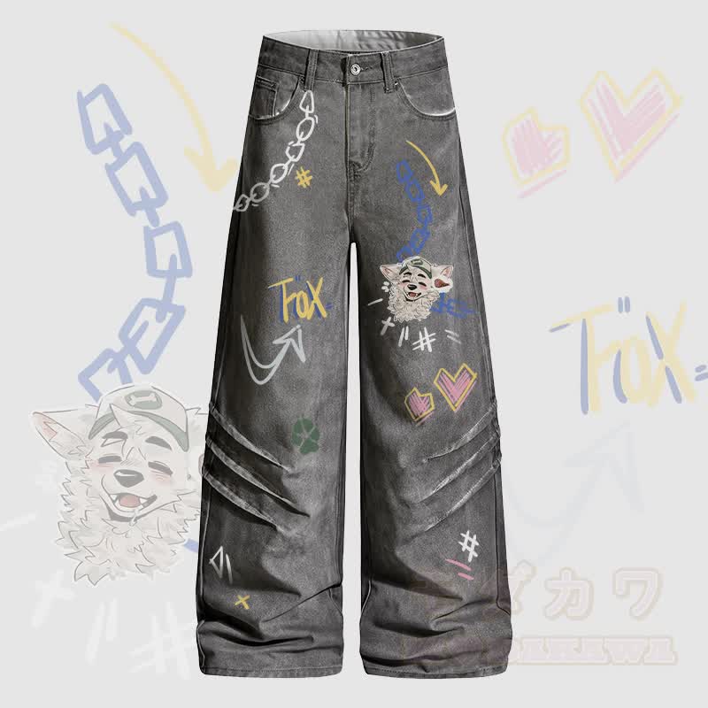 MODAKAWA X atka Fox Wants Meat Grafik-Denimhose - Grau - 2XL - image 2