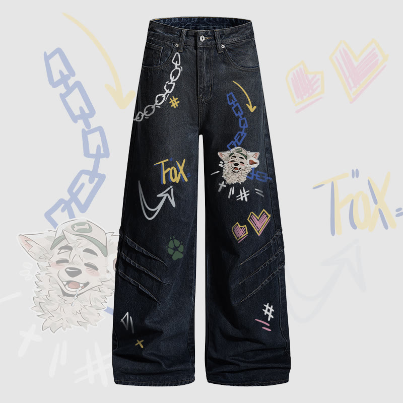 MODAKAWA X atka Fox Wants Meat Grafik-Denimhose - Dark Blue - 2XL - image 1