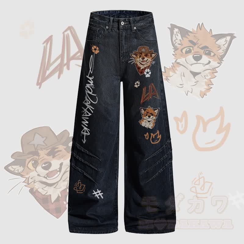 MODAKAWA X atka Cowboy Fox Winking Graphic Denim Pants - Dunkelblau - 2XL - image 1