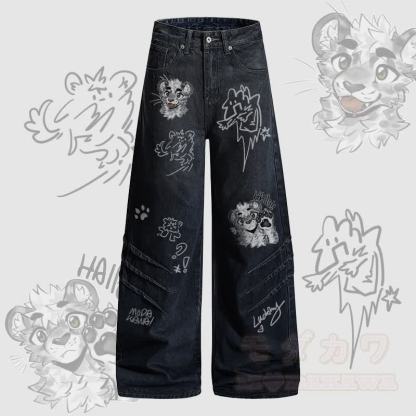 MODAKAWA X atka Cheeky Tiger Face Graphic Denim Pants - Dunkelblau - 2XL - image 2