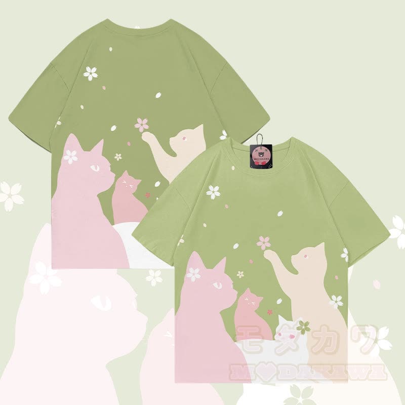 MODAKAWA Sakura Katzen-Grafik-Allover-Print-T-Shirt - Grün - 5XL - image 2