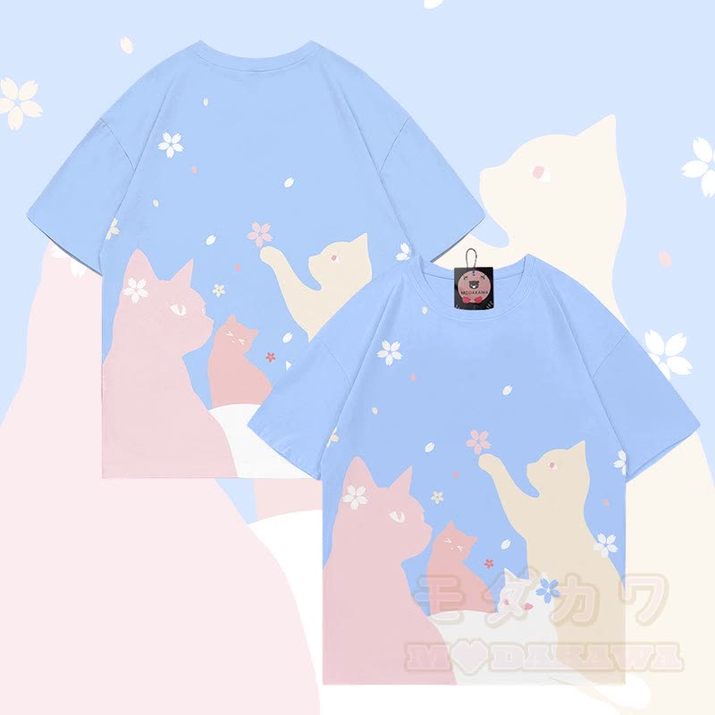 MODAKAWA Sakura Katzen-Grafik-Allover-Print-T-Shirt - Blau - 5XL - image 1