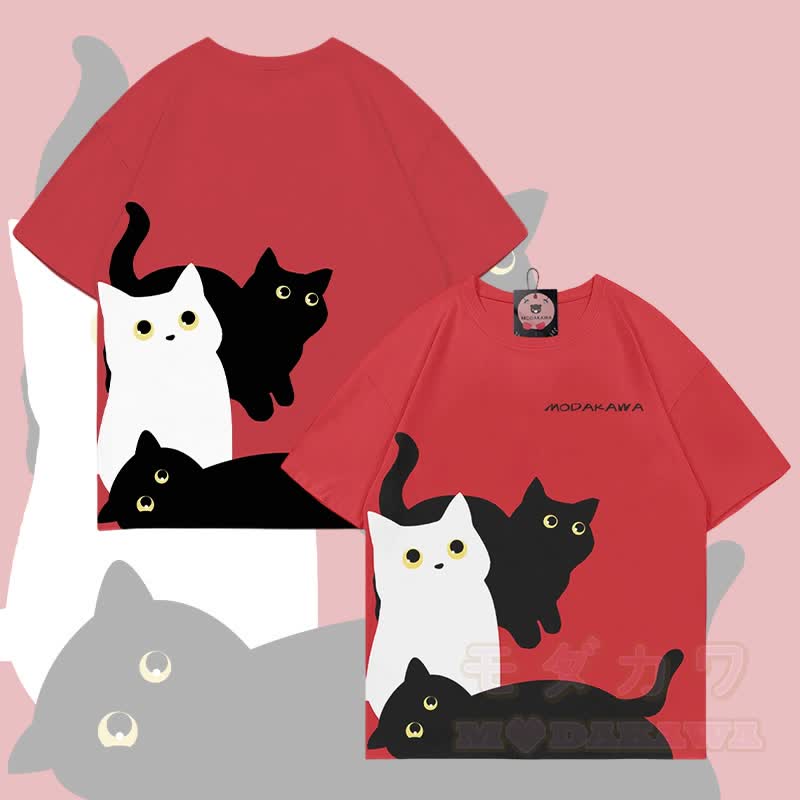MODAKAWA T-Shirt mit Allover-Print und neugieriger Katze - Rot - 5XL - image 1