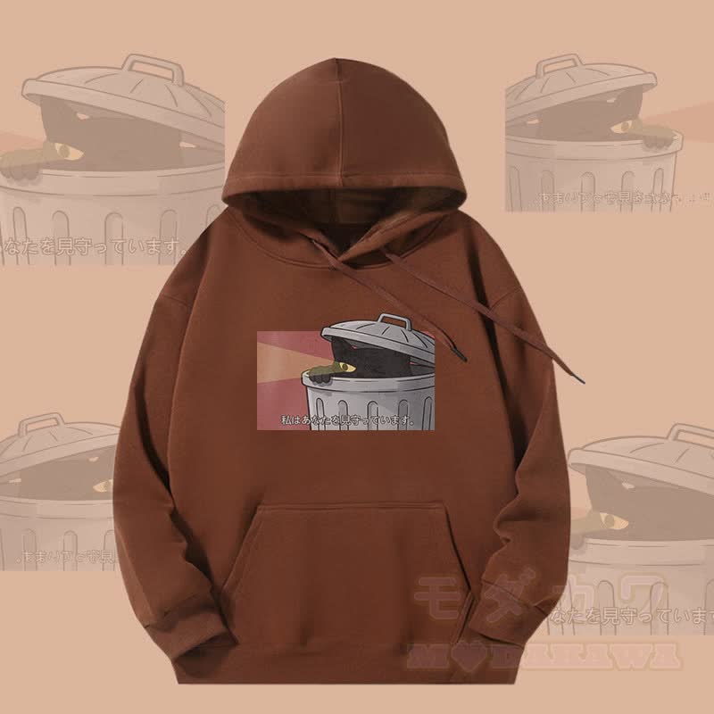 MODAKAWA Hideout Kapuzenpullover mit schwarzem Katzenmotiv und Fleece-Futter - Braun - 5XL - image 2