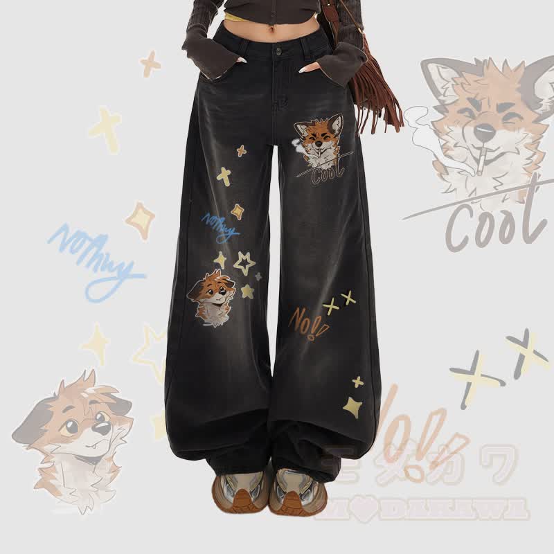 MODAKAWA X atka Fox Smoking Graphic Wide Leg Denim Pants - Schwarz - XL - image 2