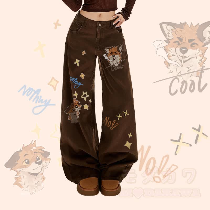 MODAKAWA X atka Fox Smoking Graphic Wide Leg Denim Pants - Braun - XL - image 1