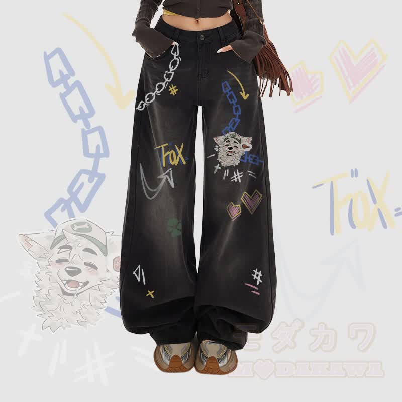 MODAKAWA X atka Fox Wants Meat Graphic Wide Leg Denim Pants - Schwarz - XL - image 1