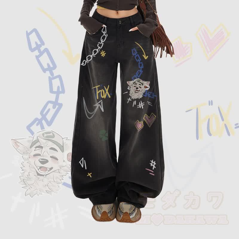 MODAKAWA X atka Fox Wants Meat Graphic Wide Leg Denim Pants - Schwarz - XL - image 1