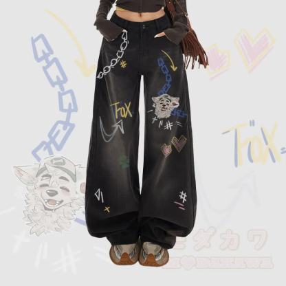 MODAKAWA X atka Fox Wants Meat Graphic Wide Leg Denim Pants - Schwarz - XL - image 1