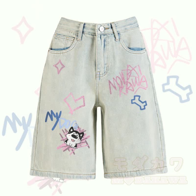 MODAKAWA Bermuda-Denim-Shorts mit Welpenmotiv und Zungenwurf - Hellblau - 2XL - image 1