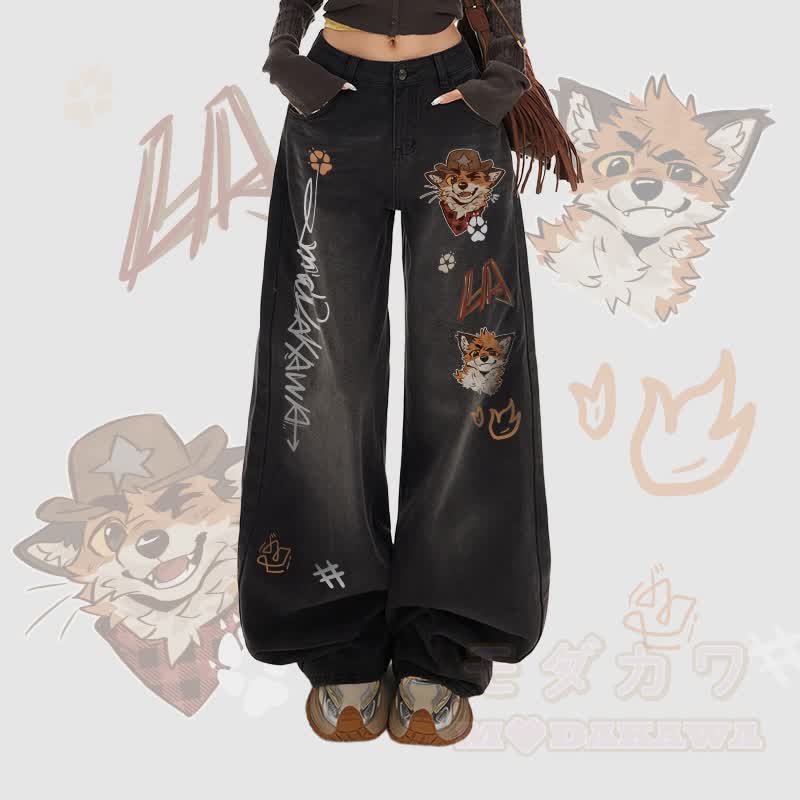 MODAKAWA X atka Cowboy Fox Winking Graphic Wide Leg Denim Pants - Schwarz - XL - image 2