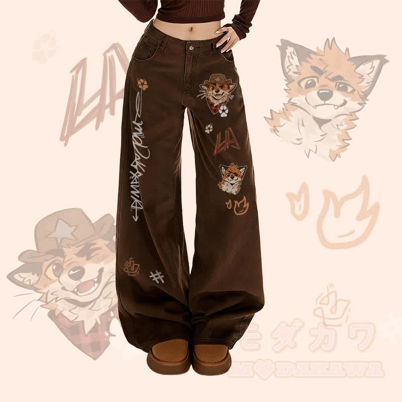 MODAKAWA X atka Cowboy Fox Winking Graphic Wide Leg Denim Pants - Braun - XL - image 1