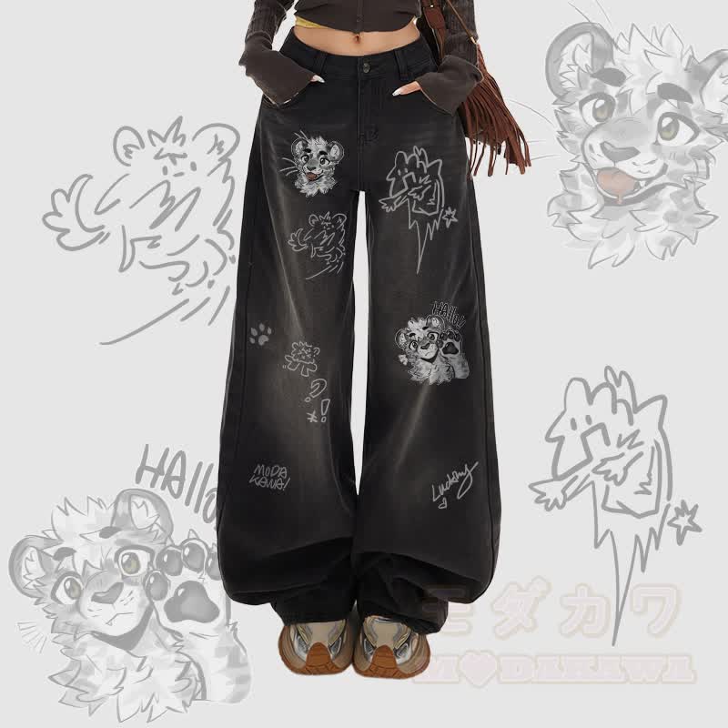 MODAKAWA X atka Cheeky Tiger Face Graphic Wide Leg Denim Pants - Schwarz - XL - image 1