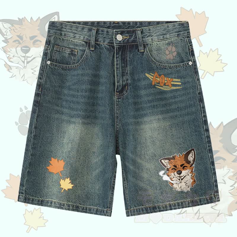 MODAKAWA X atka Fox Smoking Graphic Denim Shorts - Blau - 3XL - image 1