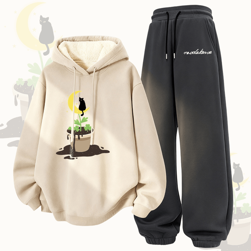 MODAKAWA Zweiteiliges Set aus Hoodie und Hose mit schwarzem Katzenmotiv und dickem Fleecefutter - Apricot&Dark Grey - 5XL - image 1