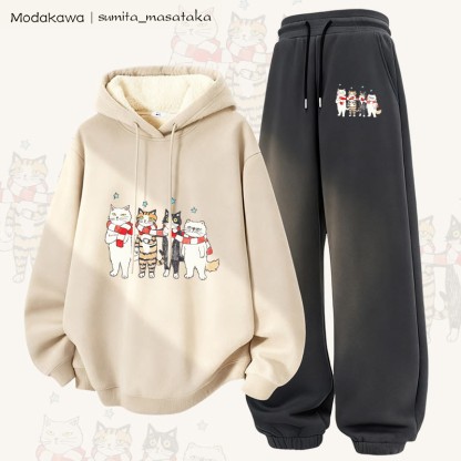 MODAKAWA X sumita_masataka Schal Sharing Katzen-Grafik Dickes Fleece-gefütterte Kapuzenpullover-Hose Zweiteiliges Set - Apricot&Dark Grey - 5XL - image 1