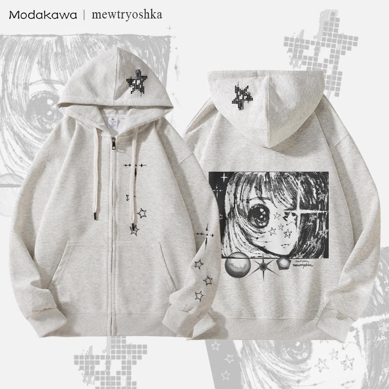 MODAKAWA X mewtryoshka Sternenaugen-Mädchen Grafik Fleecegefütterter Kapuzenpullover mit Reißverschluss - Grey - 5XL - image 2
