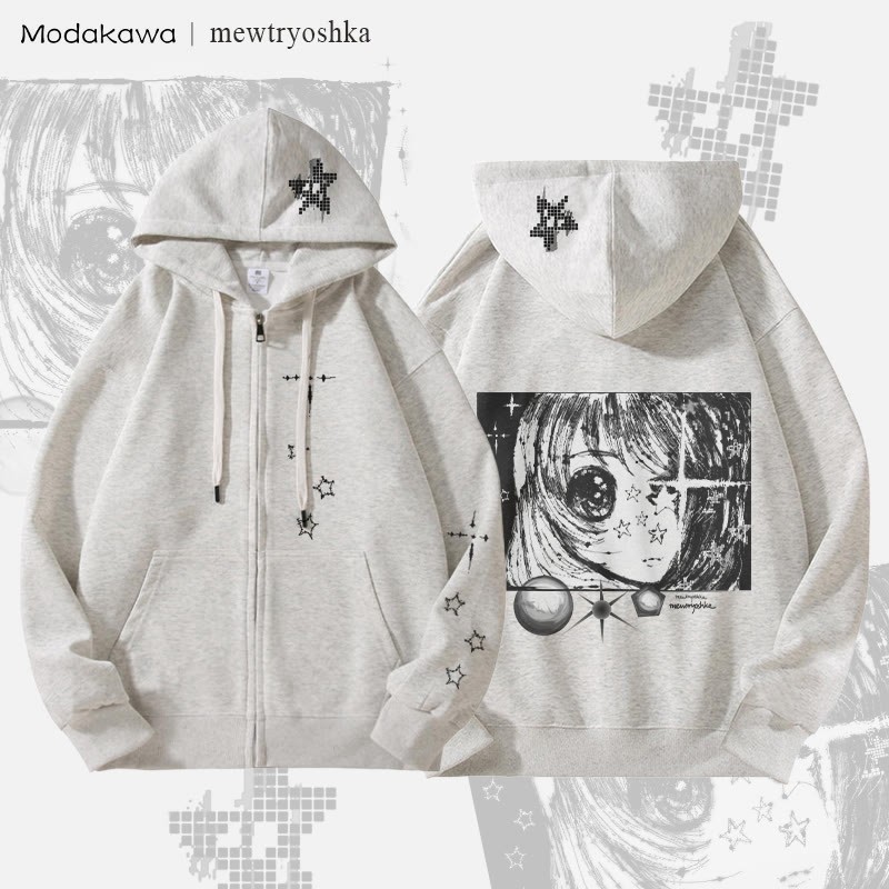 MODAKAWA X mewtryoshka Sternenaugen-Mädchen Grafik Fleecegefütterter Kapuzenpullover mit Reißverschluss - Grey - 5XL - image 2