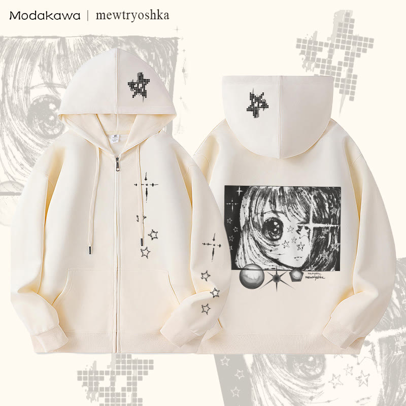 MODAKAWA X mewtryoshka Sternenaugen-Mädchen Grafik Fleecegefütterter Kapuzenpullover mit Reißverschluss - Beige - 5XL - image 1