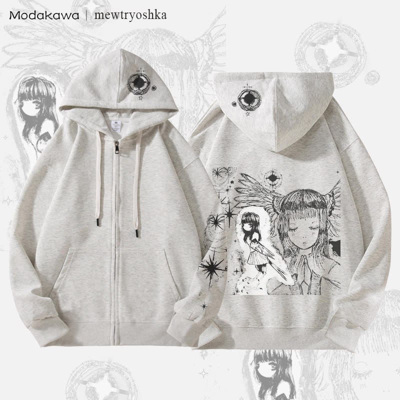 MODAKAWA X mewtryoshka Praying Angel Girl Graphic Fleece Lined Zip Up Hoodie Sweatshirt - Grey - 5XL - image 2