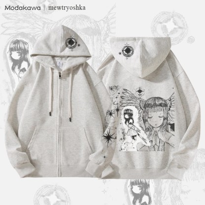 MODAKAWA X mewtryoshka Praying Angel Girl Graphic Fleece Lined Zip Up Hoodie Sweatshirt - Grey - 5XL - image 2
