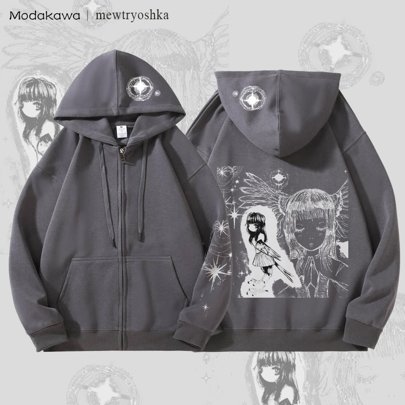 MODAKAWA X mewtryoshka Praying Angel Girl Graphic Fleece Lined Zip Up Hoodie Sweatshirt - Dark Grey - 5XL - image 1